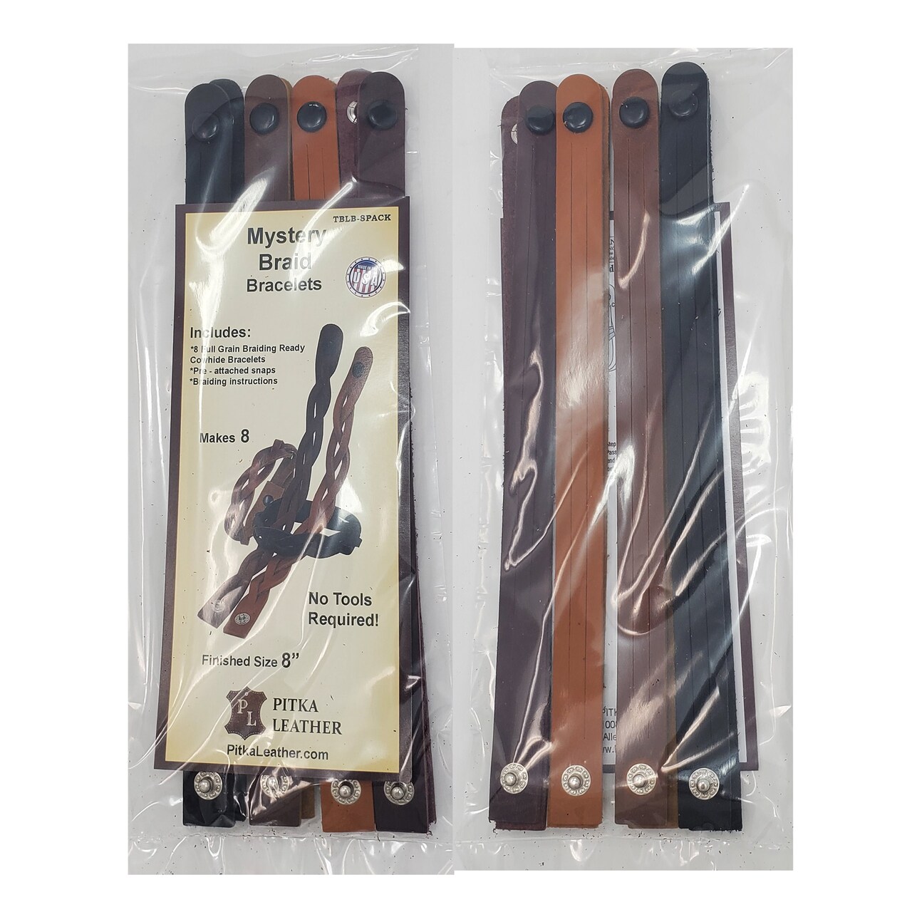 Mixed Colors Mystery Braid Leather Bracelets Kit - 8 Leather Bracelets Braiding Ready 2 of Each Color - Made in USA by Pitka Leather